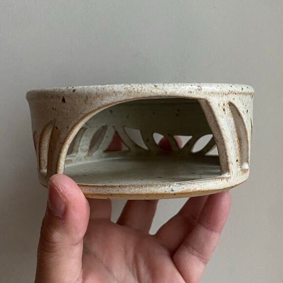 Signed Pottery Stoneware Luminary Tea Light Votive Candle Holder Reticulated - Picture 1 of 7